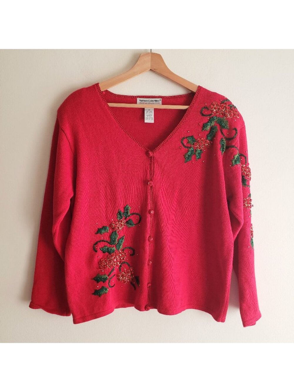Vintage Christmas Cardigan M Holly Sequin Bead Red Heirloom Collectables Sweater
